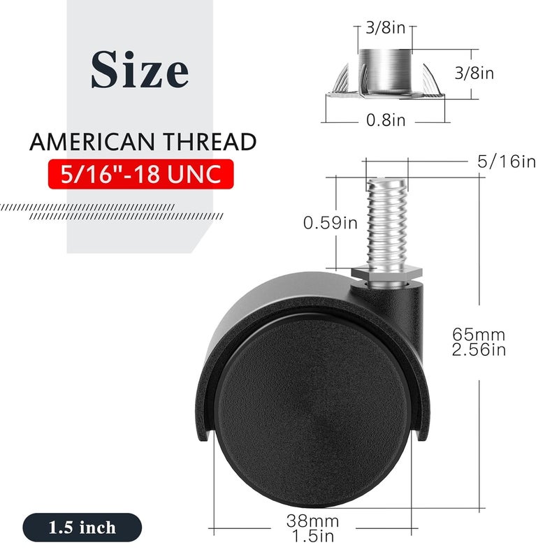 ANDUTEES 1.5 Inch Furniture Stem Casters Set of 4, Threaded Stem Diameter 5/16" Plastic Caster Wheels, Black Swivel Small Castors with T-Nuts, for Table, Cabinet, Storage Rack - Image 2